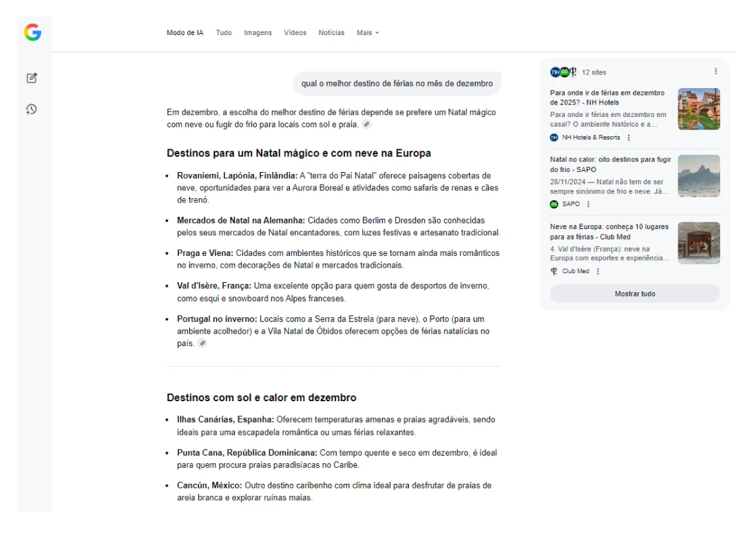 Captura de ecrã do Google a mostrar o “Modo de IA” em ação, com uma pesquisa sobre “qual o melhor destino de férias no mês de dezembro”. O resultado apresenta uma resposta gerada por inteligência artificial com sugestões de destinos de inverno e de praia, como Finlândia, Alemanha, Portugal, Ilhas Canárias e México.